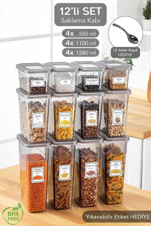 12'li Sızdırmaz Kapak Kaşıklı Saklama Kabı Seti - Etiketli Baharatlık - 4x(580 ml, 1100 ml, 1580 ml) - 1