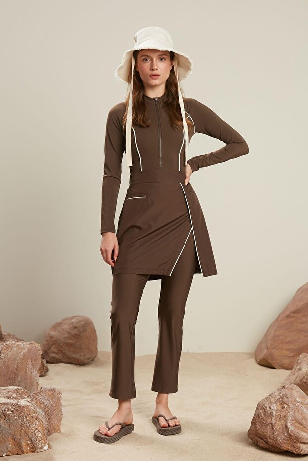 Spódnica do kostiumu kąpielowego ze ściągaczem, hidżab, brązowa - 2