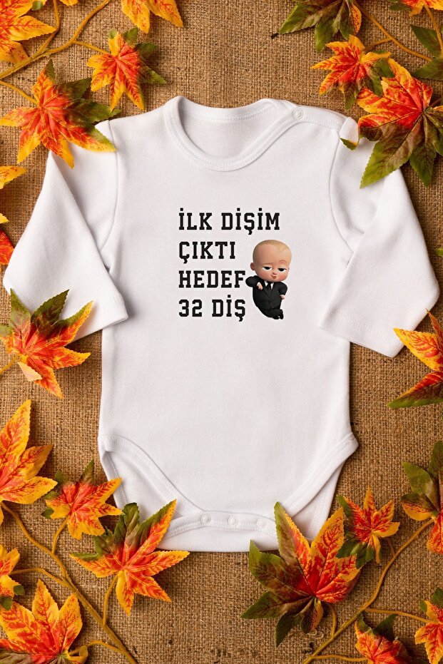 Patron Patterned Organic Cotton Baby Bodysuit - My First Tooth Long Sleeve Jumpsuit with Snap Fasteners 5580