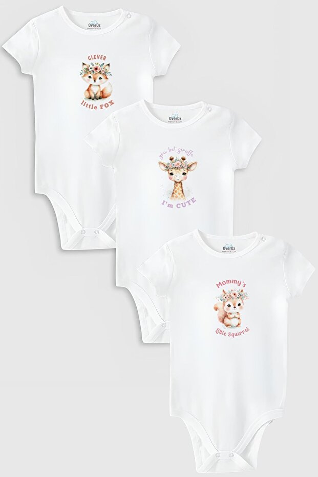 Organic %100 Cotton Cute Animal Printed 3-Piece Baby Bodysuit Set ( Bodysuit /Romper) 5854-5855-5856