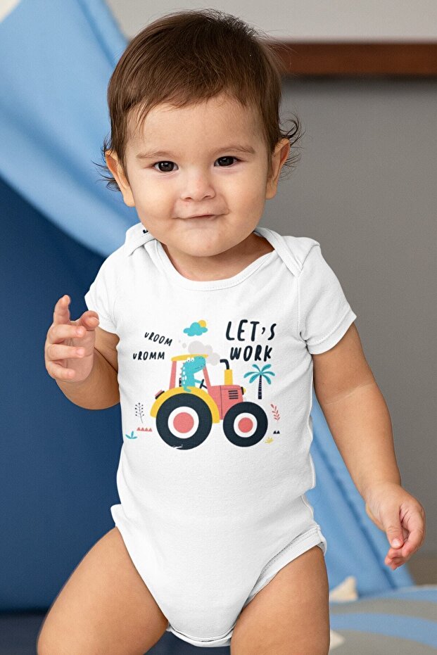 Organic %100 Cotton Tractor Let's Work Printed Baby Snap-Fastened Bodysuit Bodysuit 5396