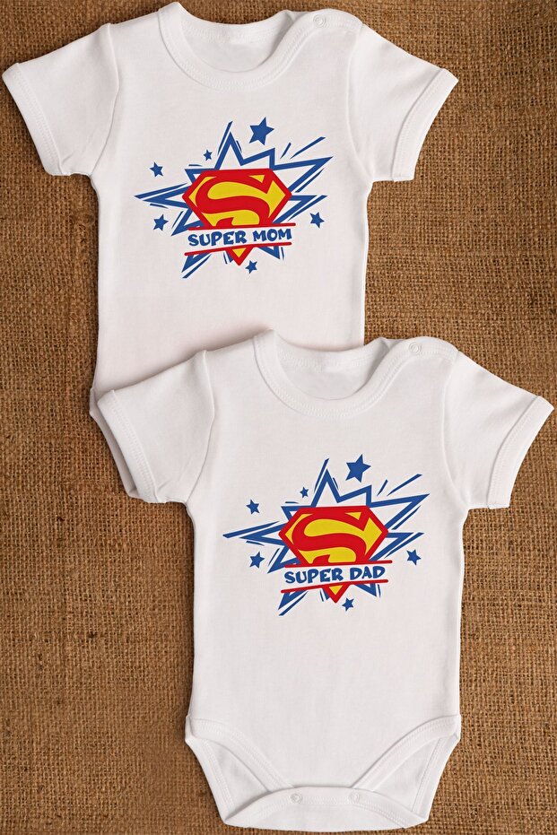 Organic 100% Cotton Super Mom Dad Mother Father 2-Piece Baby Bodysuit Set with Snap Fasteners Bodysuit Double Pack 5195-5196