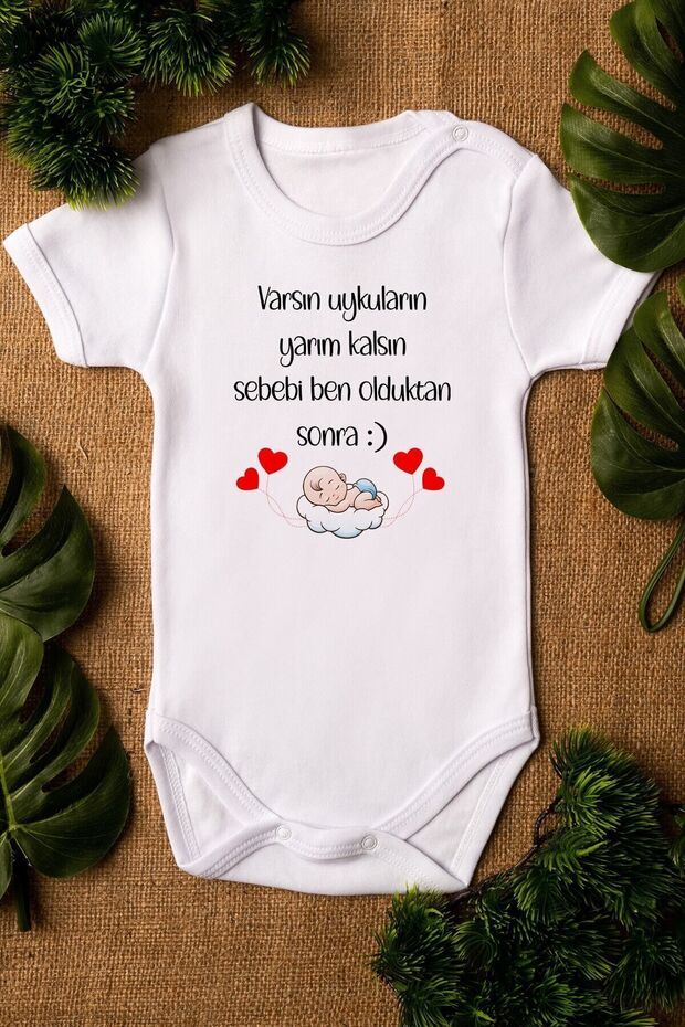 Organic %100 Cotton " Don't Let Your Sleep Be Interrupted" Printed Baby Bodysuit, Short-Sleeved Snap Snap-Fastened Bodysuit 5279
