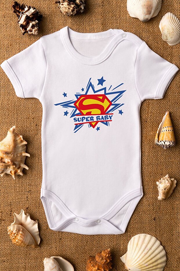 Super Baby Patterned Organic Cotton Baby Bodysuit - White, Snap Fastener, Short Sleeve, Bodysuit 5194