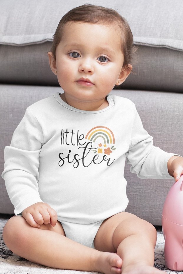 Little Sister Sister Printed Organic 100% Cotton Long Sleeve Baby Bodysuit - Bodysuit 5379