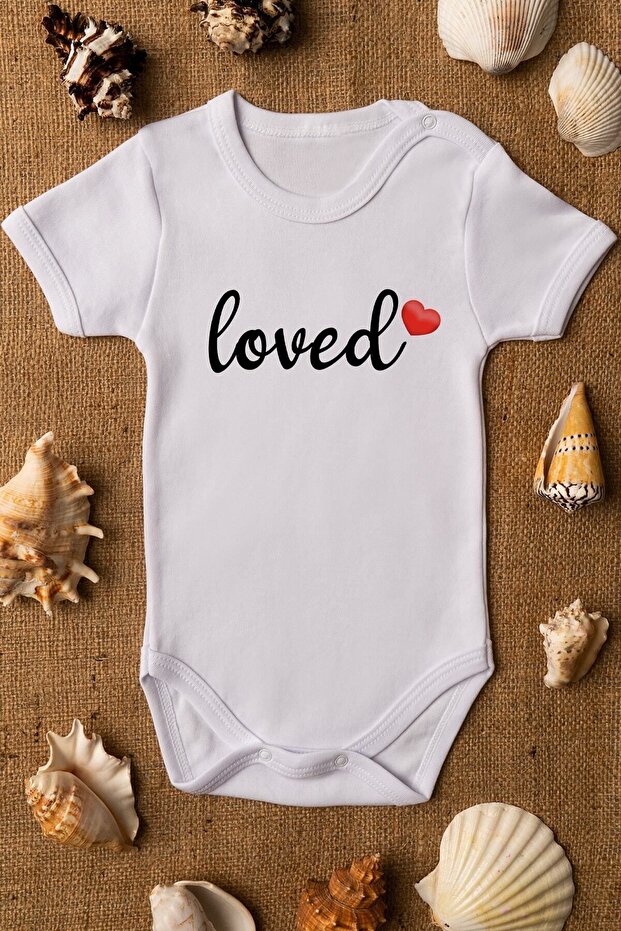 Organic %100 Cotton Loved Love Printed White Baby Bodysuit with Snap-Fastened Bodysuit 5017