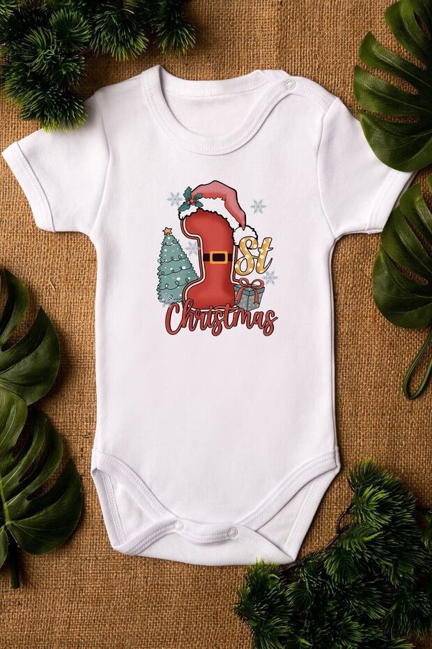 First Christmas New Year's Bodysuit - Organic 100% Cotton, Short Sleeve, Snap Fastener Bodysuit 5363