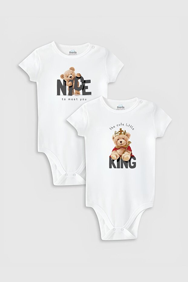 Organic 100% Cotton Teddy Bear 2-Piece Baby Bodysuit Set White Bodysuit with Snap Fasteners Double Pack 5762-5763
