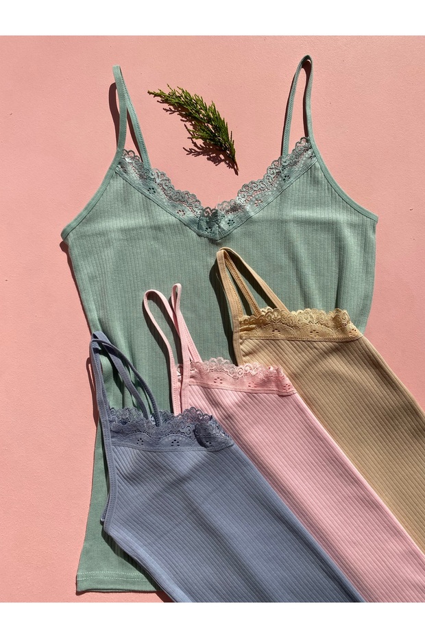 Women's 4 Rope Strap Cotton, Lycra, Lace, Ribbed Ribbed Undershirt (Pink-Blue-Green-Skin)
