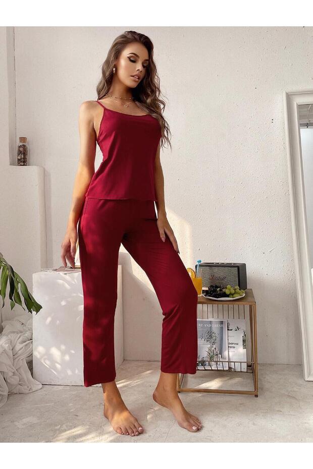 Ultra Soft Viscose Claret Red Pajama Set - With Straps - 1