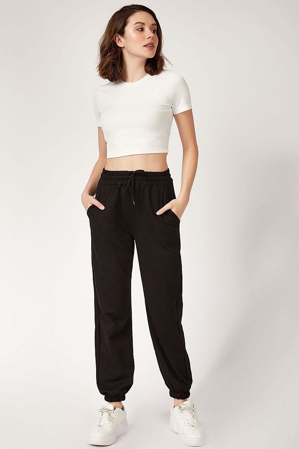 Oversize Plain Plenty Black Bağcıklı Ve Paça Lastikli Sade Eşofman Altı - Siyah - 4