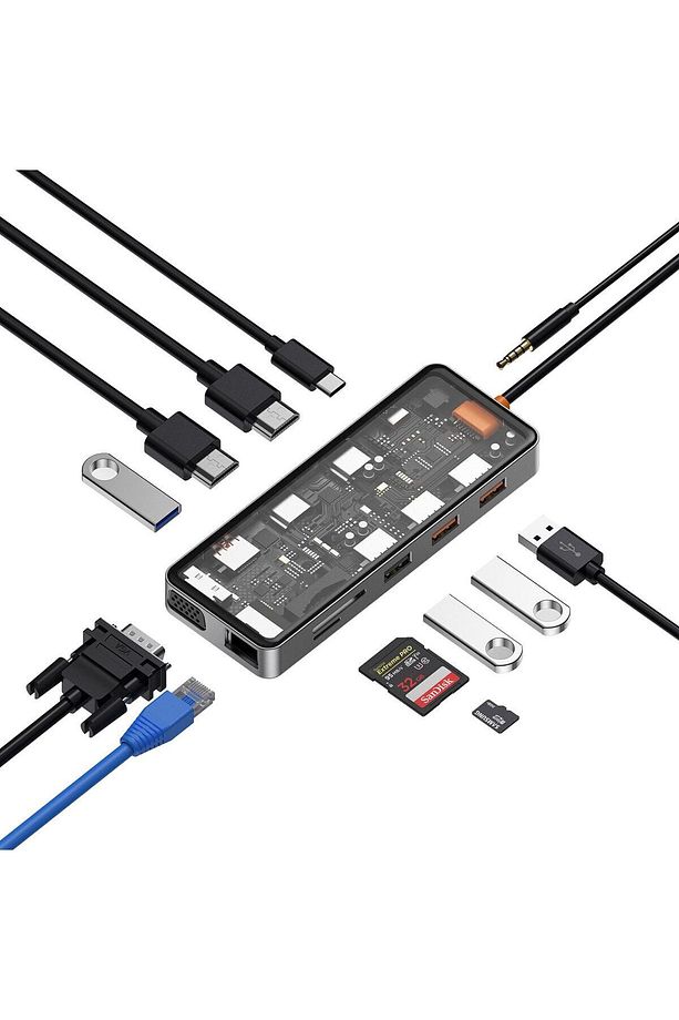 CB012 Cyber 12 in 1 Type-C Hub 100W Şarj Destekli Şeffaf SD Kart-RJ45-Hdmi-VGA-Usb Çoğaltıcı - 3
