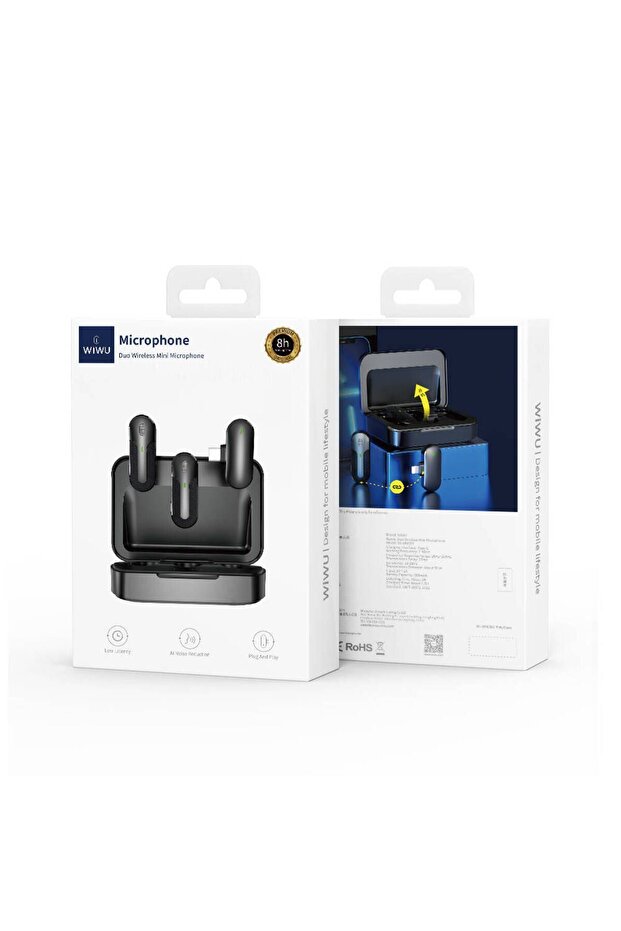 Kablosuz Yaka Mikrofonu Type-C Şarj Portlu Wiwu Wi-WM002 Canlı Yayın Microphone Siyah - 5