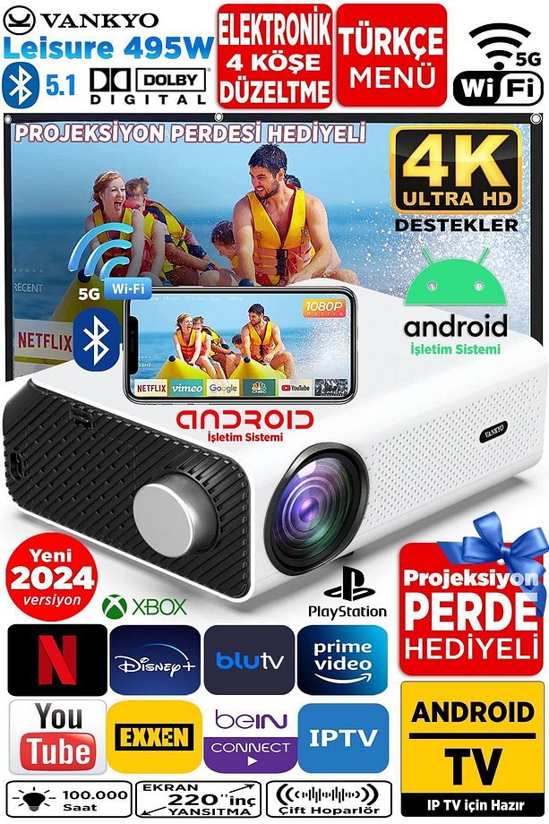 Leisure 495w Android Tv 4k Destekli Projeksiyon Cihazı 5gwi-fi 5.1bluetooth 220 Inç Ekran Dolby Ses - 1