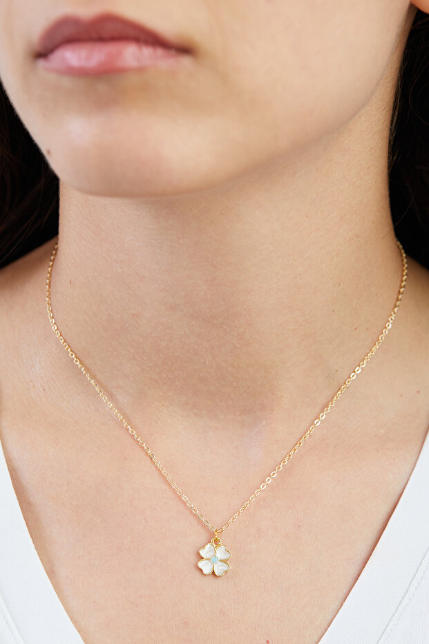 Sedef Görünümlü Yonca Model Gold Kolye - 3