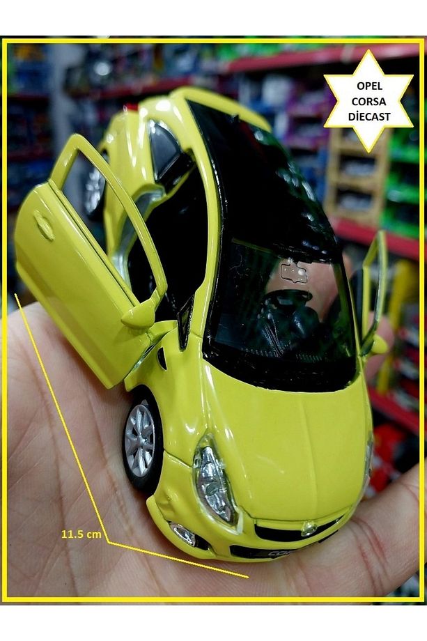 Opel Corsa Metal Araba Orjinal Diecast Piback Model Demir Koleksiyon Kapı Açılır Sarı - 1