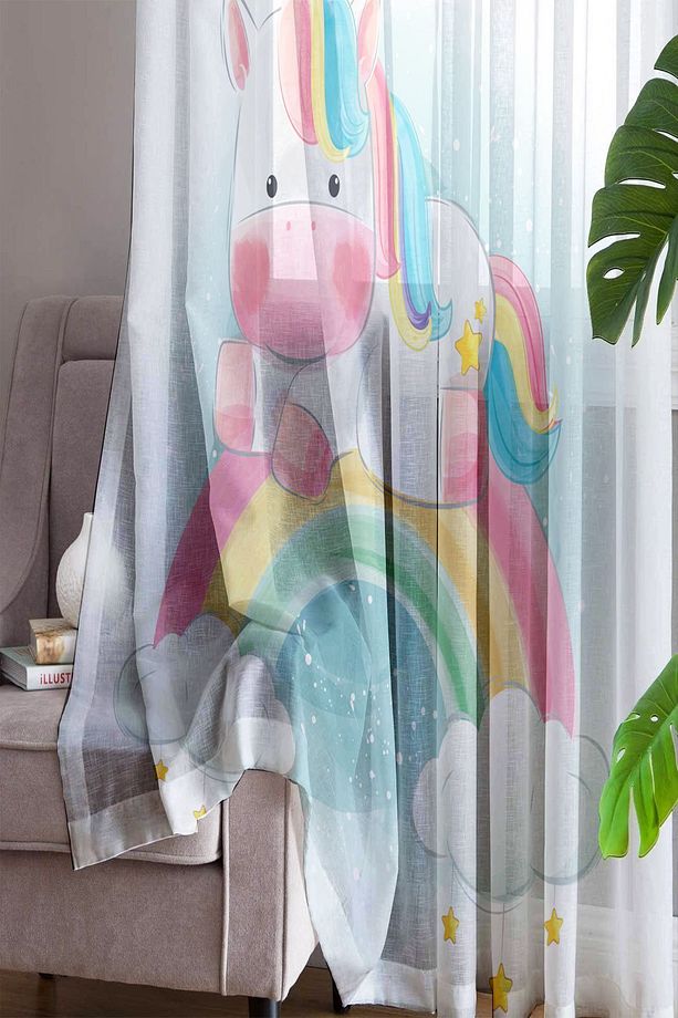 Renkli Gök Kuşağı Unicorn Desenli Dekoratif Çocuk Bebek Odası Tek Kanat Tül Perde - 3