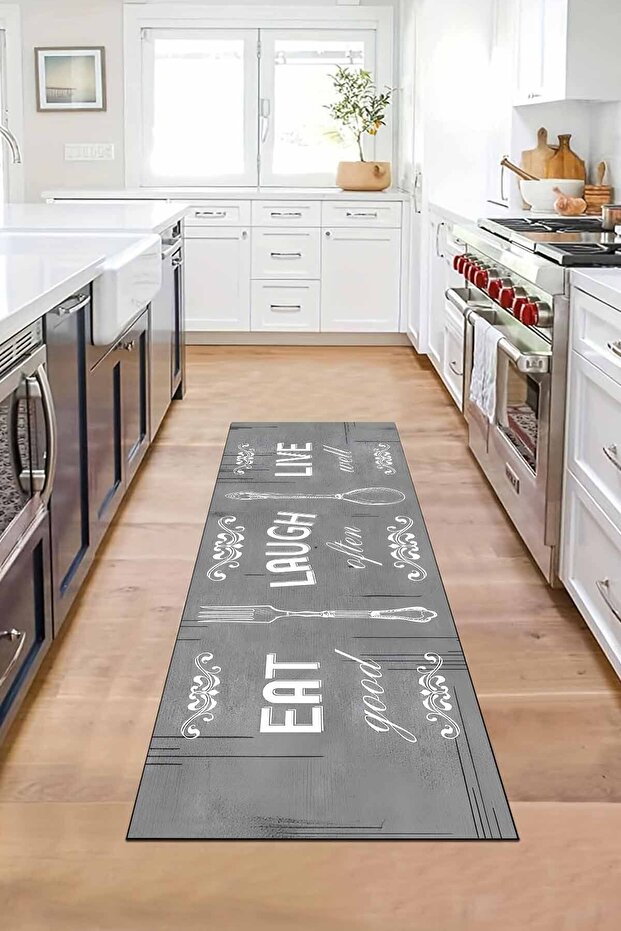 Ye Gül Yaşa Gri Desenli Tezgah Önü Kaymaz Taban Yıkanabilir Yolluk Mutfak Halısı - 2