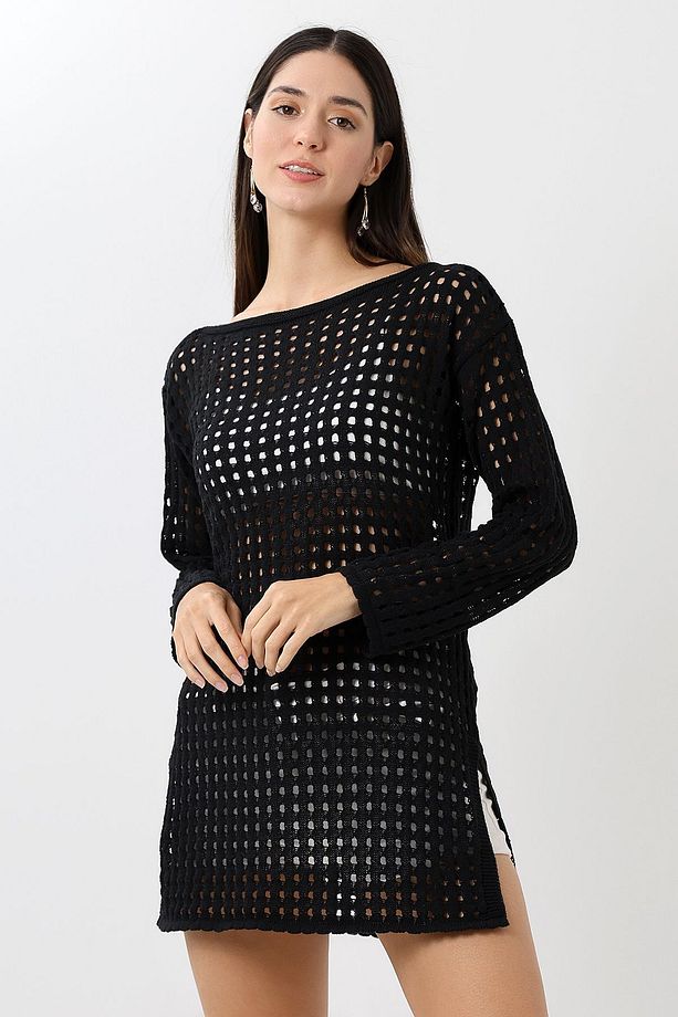 Kadın Siyah Oversize Ajurlu Yazlık Elbise - 3