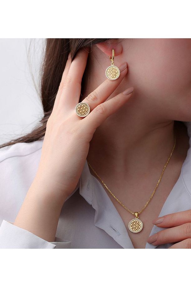Kadın 925 Gümüş Set Yüzük Kolye Ve Küpe 14k Kaplama Hasır Modeli Yüksek Kalite - 1