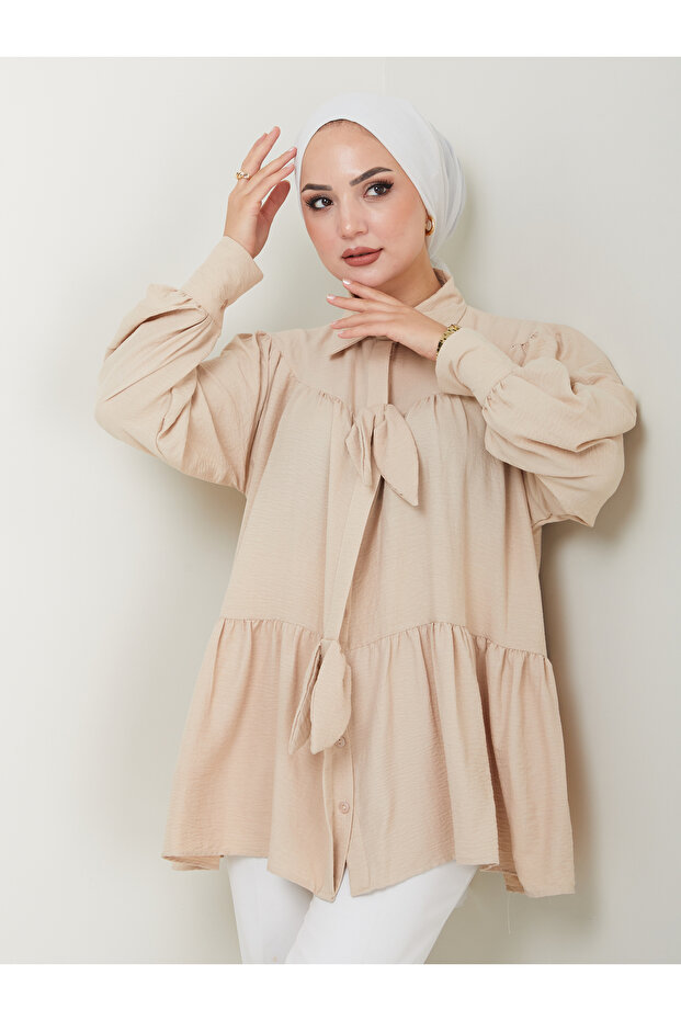 Women's Bow Detailed Shirt Collar Hijab Tunic