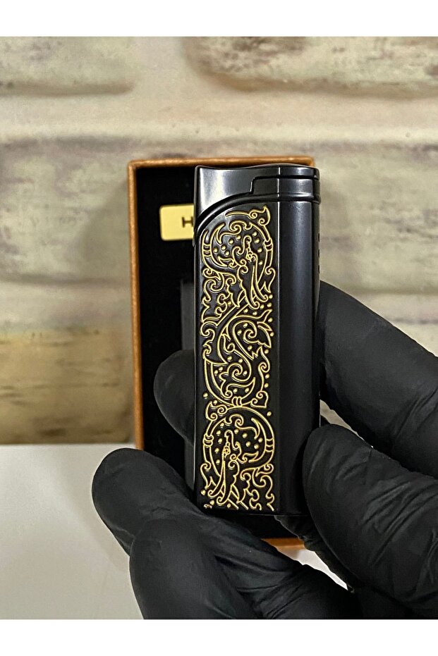 Siyah Sarı Desenli Tek İnce Ateşlemeli Gazlı Kişiye Özel Çakmak - 8