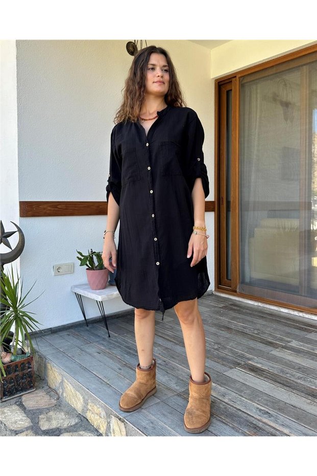 Cotton Black Shirt Dress Long Sleeve Collar Pocket