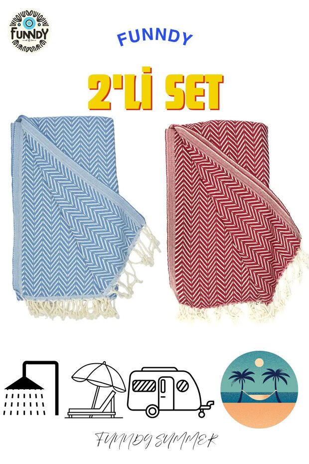Set of 2 Peshtemal Beach Towels - 100% Cotton, XXL 100x180cm, Summer, Red-Blue