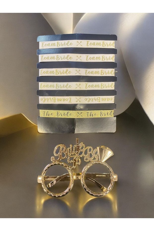 Bride To Be Party Glasses and Bride and Team Bride Bracelet Set of 6, Gold