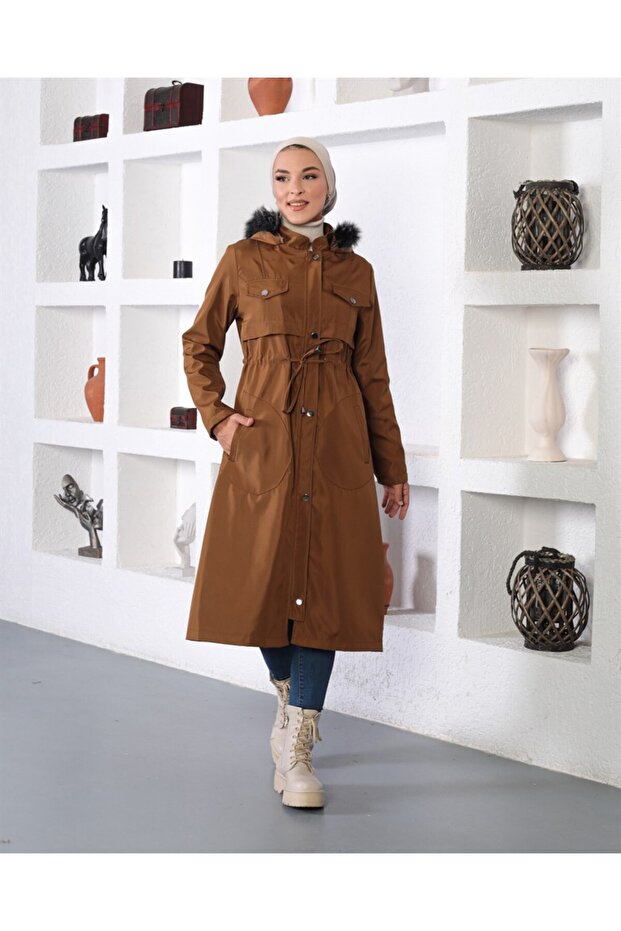 Tunnel Detailed Hijab Camel Coat