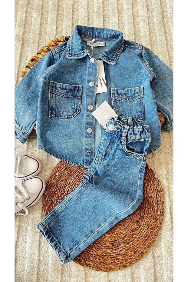 Girl's Denim Suit with Floral Pattern