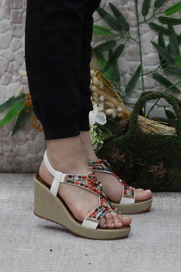 Guja 24Y156-2 Comfortable and Stylish Beaded Stone Wedge Sole Women's Sandals
