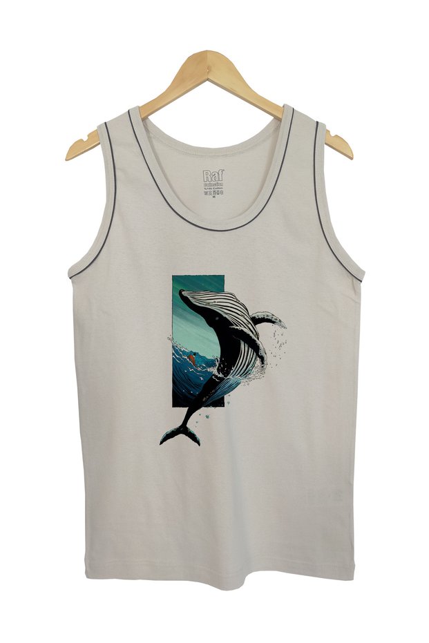 Men's Strap Knitted T-Shirt Intermediate Piping Whale Digital Printed 100% Cotton