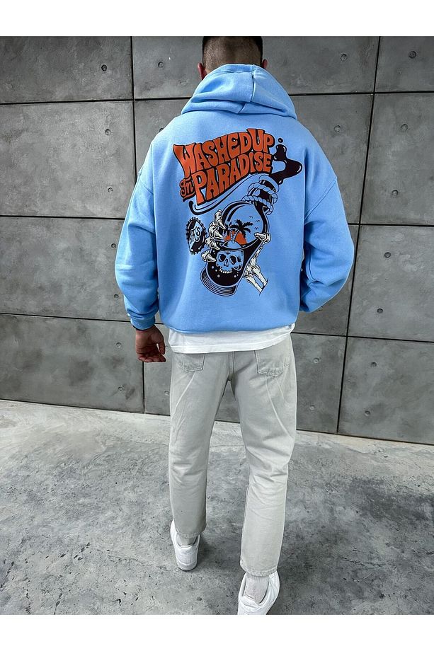 Bebe Mavisi Unisex Oversize Kapüşonlu Kanguru Cepli Washed Up In Paradise Baskılı Sweatshirt Hoodie - 4