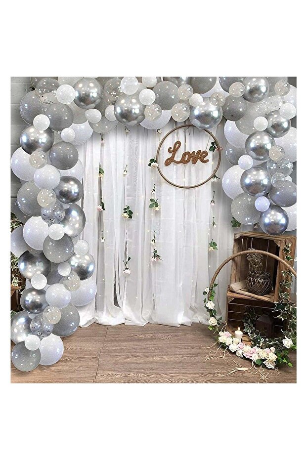 100 Pcs White Grey Silver and Confetti Transparent Balloon Set - Birthday Balloon Set - Concept Balloon - Birthday Concept - Birthday Decorations