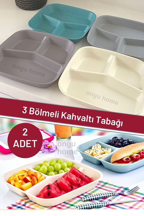 2 Adet Kahvaltı Tabağı Üç Bölmeli Tabak Mama Tabağı Tabldot - 4