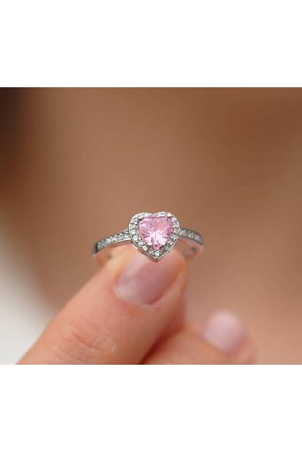 Silver Adjustable Steel Ring with Pink Heart Pattern and Rhinestones