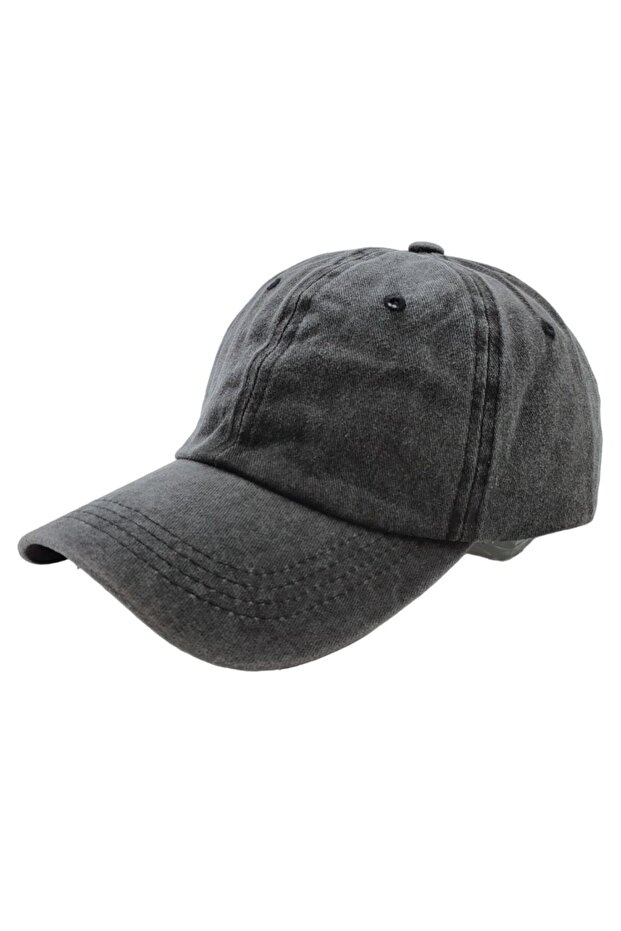 Denim distressed denim cap with adjustable buckle back and ventilation holes.