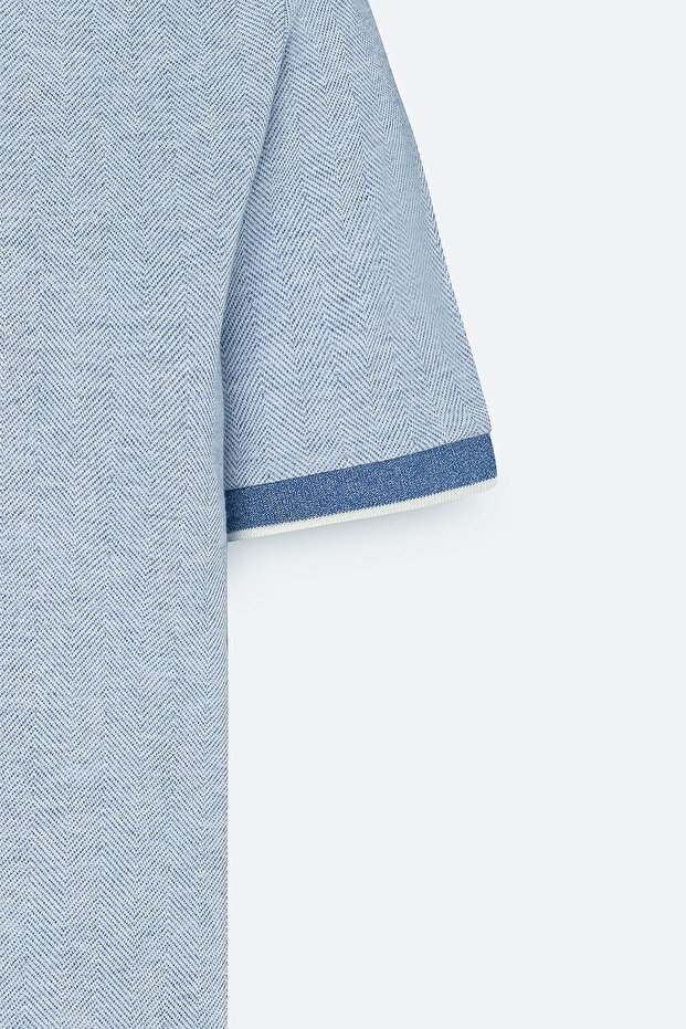 Erkek Mavi Slim Fit Dar Kesim Pamuklu Jakarlı Polo Yaka Tişört - 7