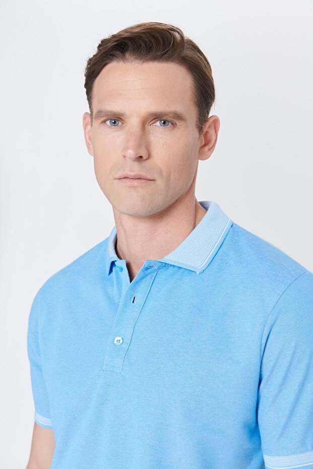 Erkek Çekmeyen Pamuklu Kumaş Slim Fit Dar Kesim Mavi Kıvrılmaz Polo Yaka Tişört - 6