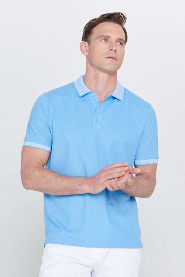 Erkek Çekmeyen Pamuklu Kumaş Slim Fit Dar Kesim Mavi Kıvrılmaz Polo Yaka Tişört - 3