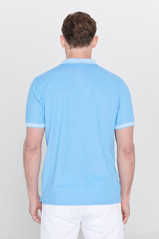 Erkek Çekmeyen Pamuklu Kumaş Slim Fit Dar Kesim Mavi Kıvrılmaz Polo Yaka Tişört - 7