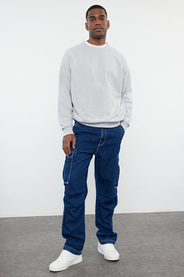 Gri Melanj Oversize/Geniş Kesim İçi Polar/Sıcak Tutan Reglan Kol Sweatshirt TMNAW23SW00190 - 3