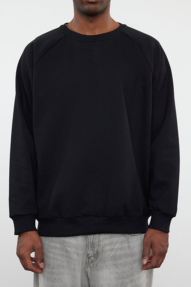 Siyah Oversize/Geniş Kesim İçi Polar/Sıcak Tutan Reglan Kol Sweatshirt TMNAW23SW00190 - 3