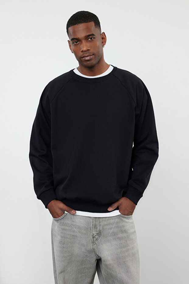 Siyah Oversize/Geniş Kesim İçi Polar/Sıcak Tutan Reglan Kol Sweatshirt TMNAW23SW00190 - 2