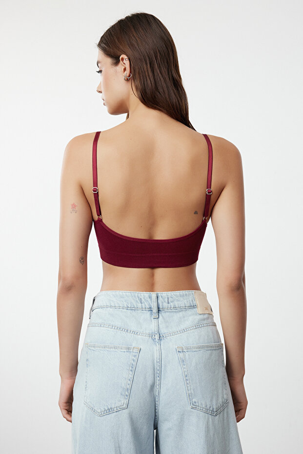 Bordo Seamless/Dikişsiz İp Askılı Balensiz Kapsız Bralette Örme Sütyen THMAW22SU0030 - 5