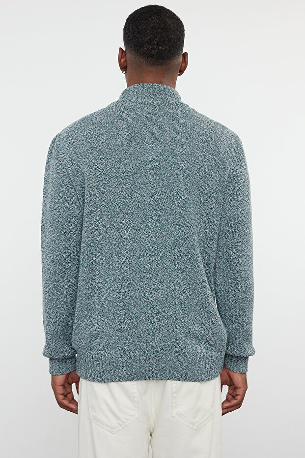 Zümrüt Yeşili Casual Slim Yünlü Yarım Balıkçı Yaka Kırçıllı Triko Kazak TMNAW21KZ0394 - 5