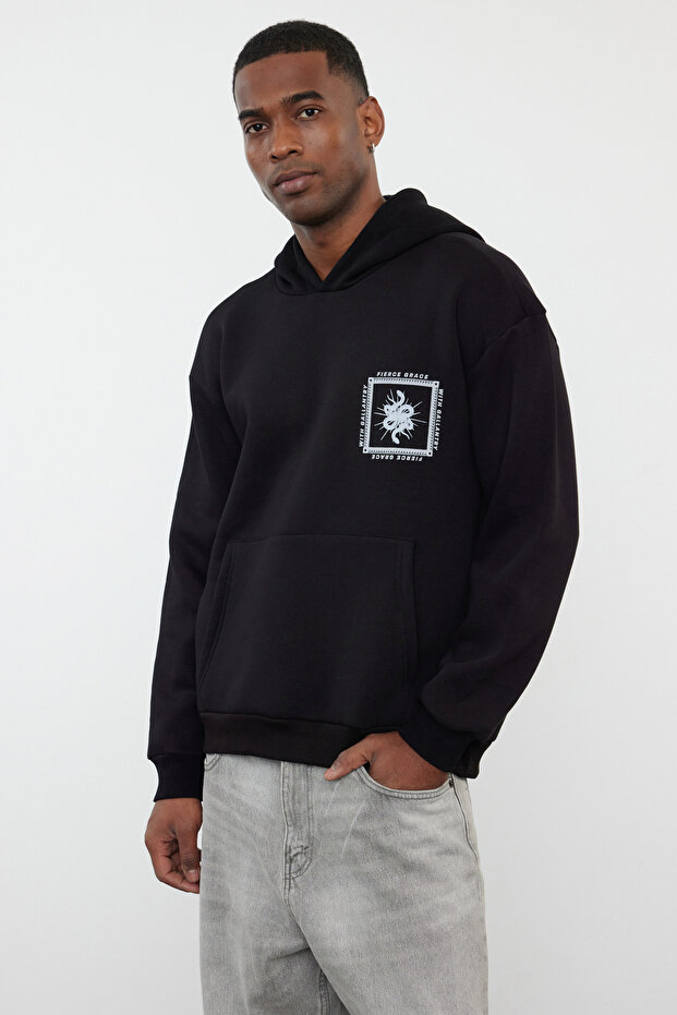 Siyah Oversize/Geniş Kesim Kapüşonlu Mistik Baskılı İçi Polar/Sıcak Tutan Sweatshirt TMNAW25SW00057 - 3