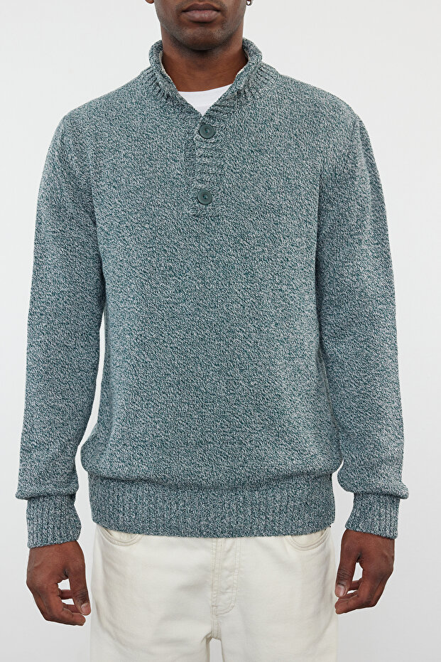 Zümrüt Yeşili Casual Slim Yünlü Yarım Balıkçı Yaka Kırçıllı Triko Kazak TMNAW21KZ0394 - 4