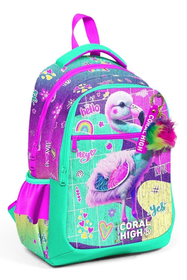 Kids Pink Water Green Flamingo Patterned Three Compartment School Backpack 23647